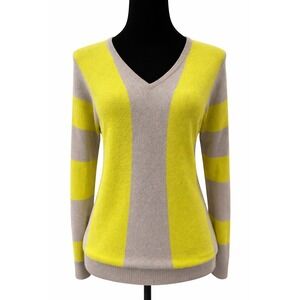 Minnie Rose Womens V-Neck Dolman Sweater Small Yellow Beige‎ Stripe Cashmere